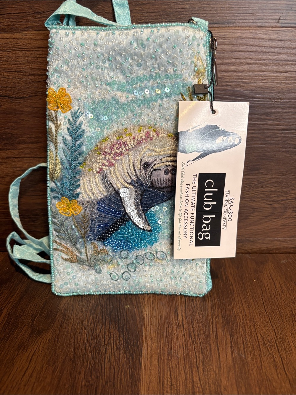 Bamboo Trading Company Club Bag Beaded Manatee Crossbody in Aqua.NWT